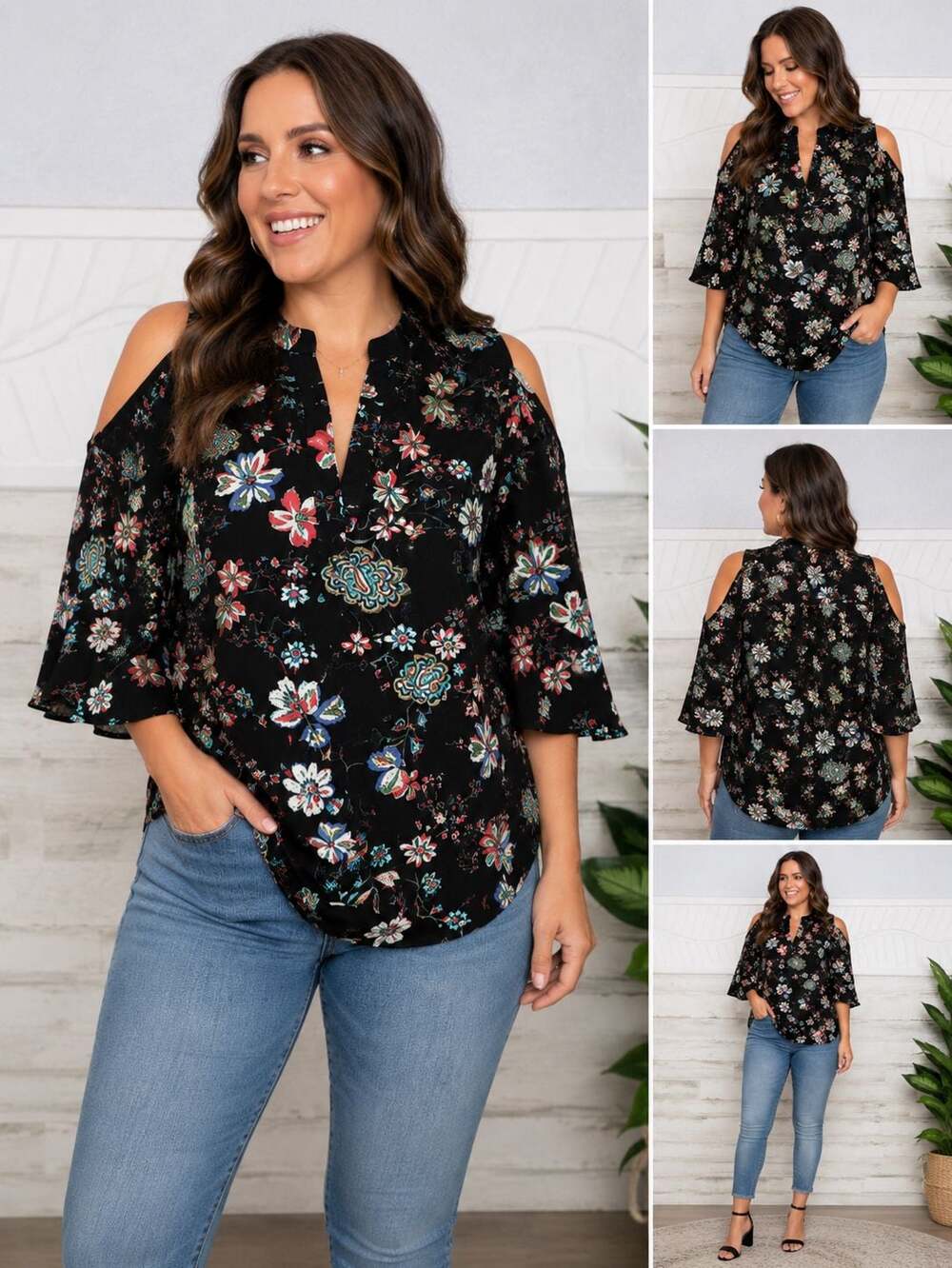 Peppermint USA Floral Print Cold Shoulder Blouse Size Large